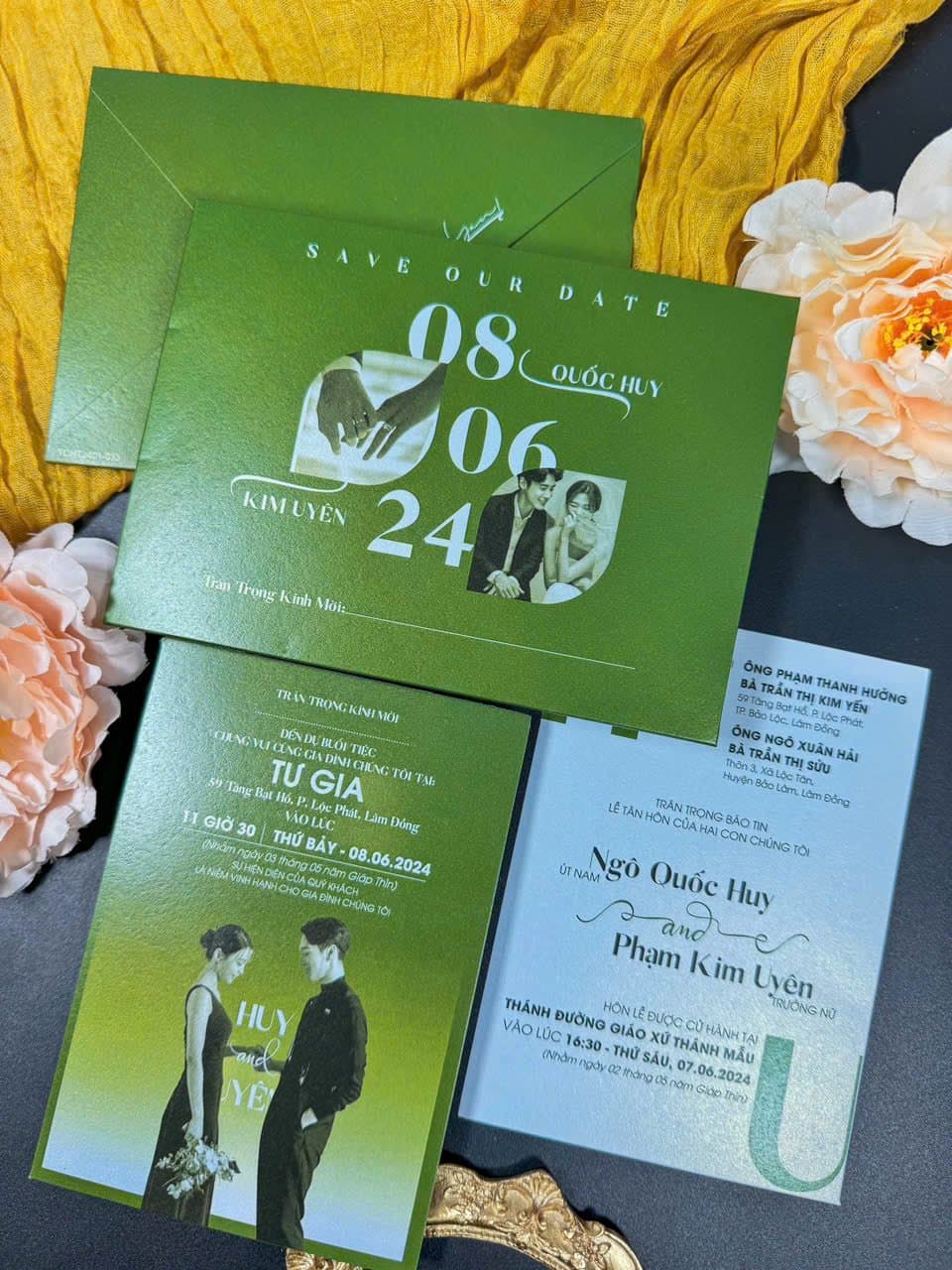 Thiệp xanh lá in hình dâu rể